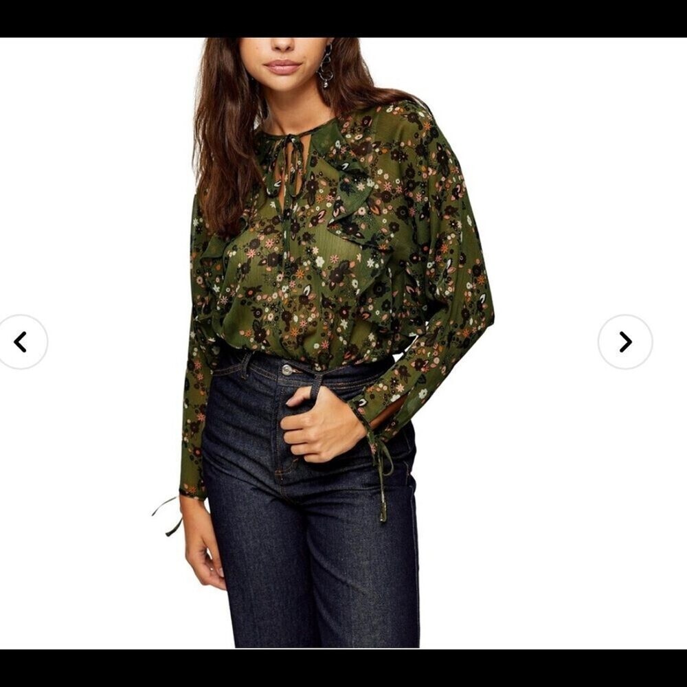 Topshop blouse Olive green Floral print Chiffon Ruffle Top SZ 2 long sleeve
